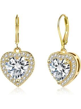925 Sterling Silver 14K Gold Plated Heart Dangle Earrings
